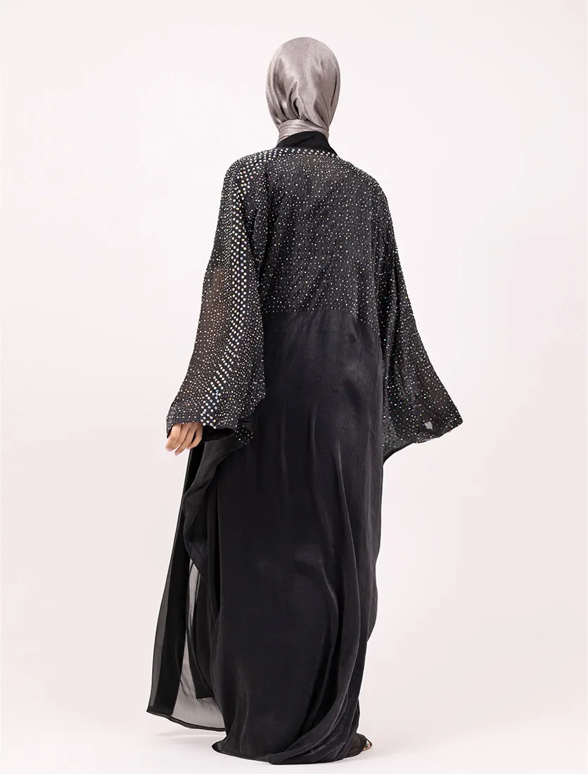 Black Sparkle Crystal Embellished Sheer Overlay Abaya